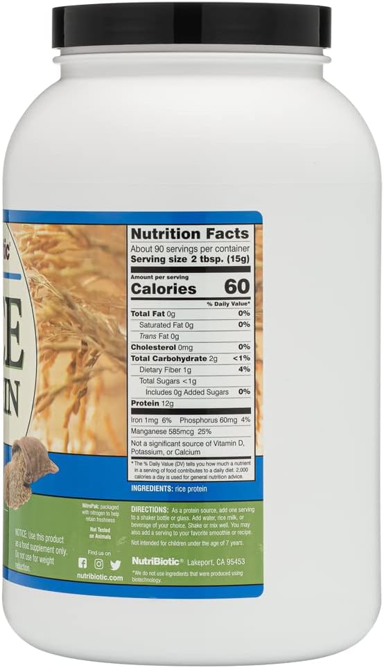 3 Lb NutriBiotic Plain Rice Protein Powder - Low Carb, Vegan, Raw, Chemical-Free, Gluten-Free, GMO-Free, Keto-Friendly & Digestible - 1.36kg