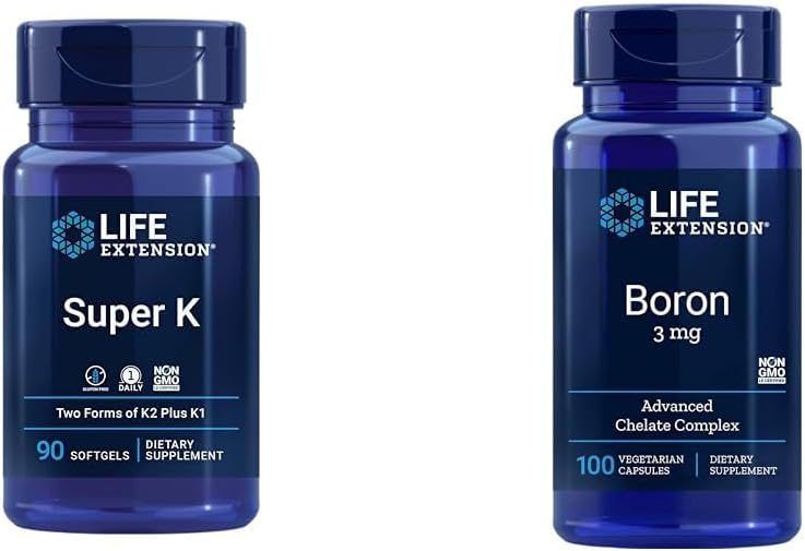 3-Month Supply Life Extension Super K Vitamin K1, K2 MK-7, MK-4, Vitamin C, Boron 3 Mg Capsules - Bone & Heart Health
