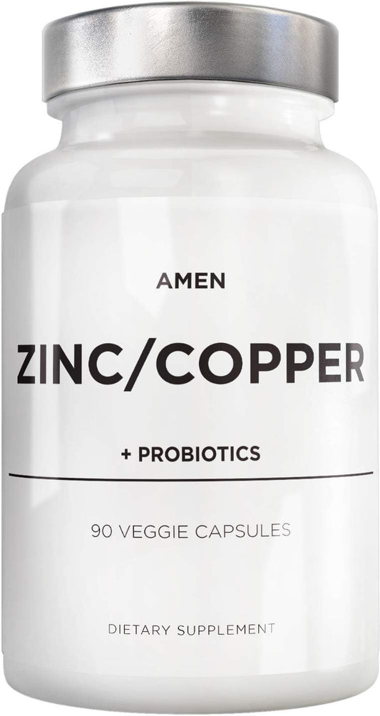 3 Month Supply of Amen Zinc & Copper Supplement with Probiotics - 50mg Zinc Picolinate Vitamin Pills - Essential Minerals - 2 Billion CFUs Probiotic - Vegan & Non-GMO - 90 Capsules