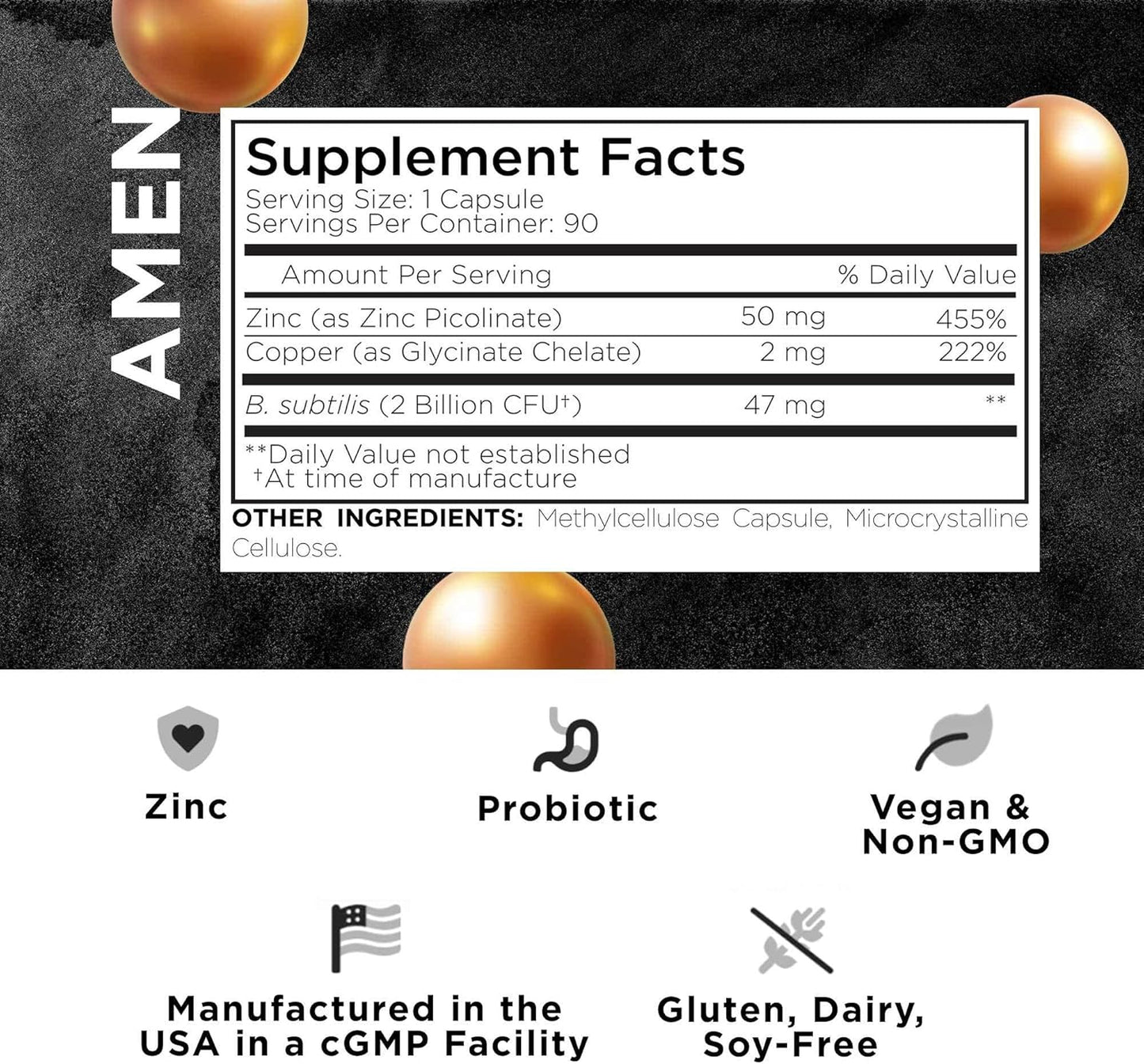 3 Month Supply of Amen Zinc & Copper Supplement with Probiotics - 50mg Zinc Picolinate Vitamin Pills - Essential Minerals - 2 Billion CFUs Probiotic - Vegan & Non-GMO - 90 Capsules
