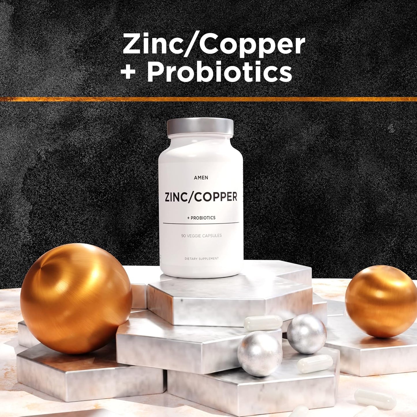 3 Month Supply of Amen Zinc & Copper Supplement with Probiotics - 50mg Zinc Picolinate Vitamin Pills - Essential Minerals - 2 Billion CFUs Probiotic - Vegan & Non-GMO - 90 Capsules