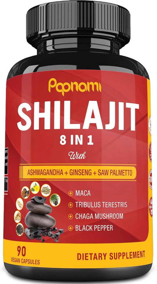 3 Month Supply Papnami Shilajit Himalayan Capsules with Ashwagandha, Ginseng, Saw Palmetto, Maca, Tribulus, Chaga, and Black Pepper