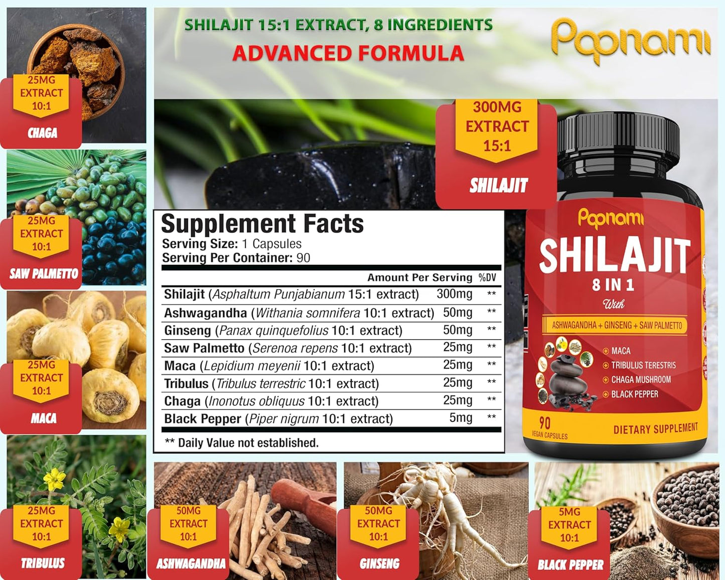3 Month Supply Papnami Shilajit Himalayan Capsules with Ashwagandha, Ginseng, Saw Palmetto, Maca, Tribulus, Chaga, and Black Pepper