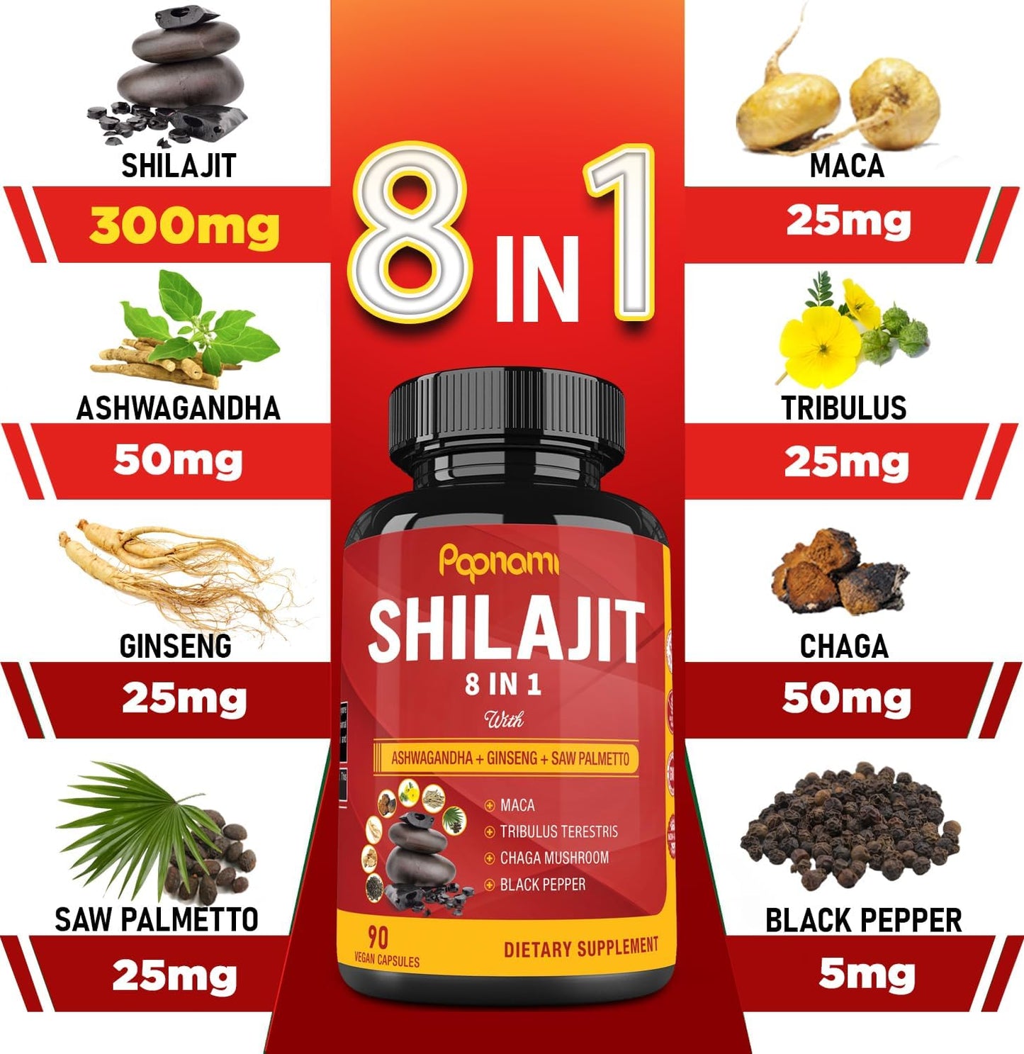 3 Month Supply Papnami Shilajit Himalayan Capsules with Ashwagandha, Ginseng, Saw Palmetto, Maca, Tribulus, Chaga, and Black Pepper