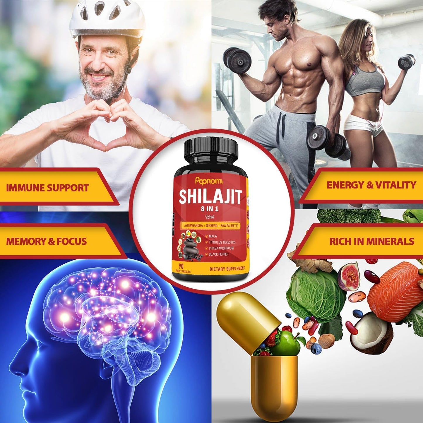 3 Month Supply Papnami Shilajit Himalayan Capsules with Ashwagandha, Ginseng, Saw Palmetto, Maca, Tribulus, Chaga, and Black Pepper