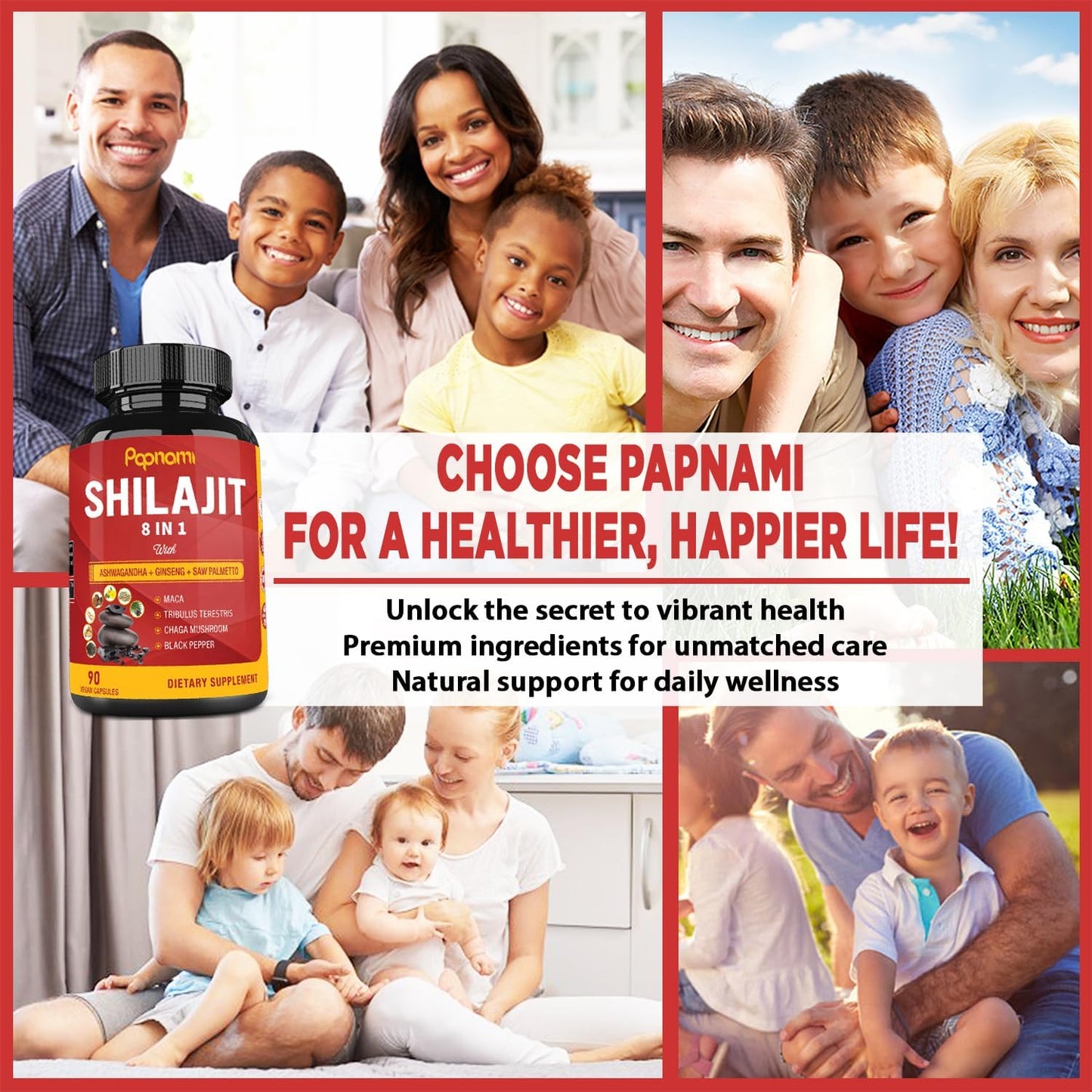 3 Month Supply Papnami Shilajit Himalayan Capsules with Ashwagandha, Ginseng, Saw Palmetto, Maca, Tribulus, Chaga, and Black Pepper