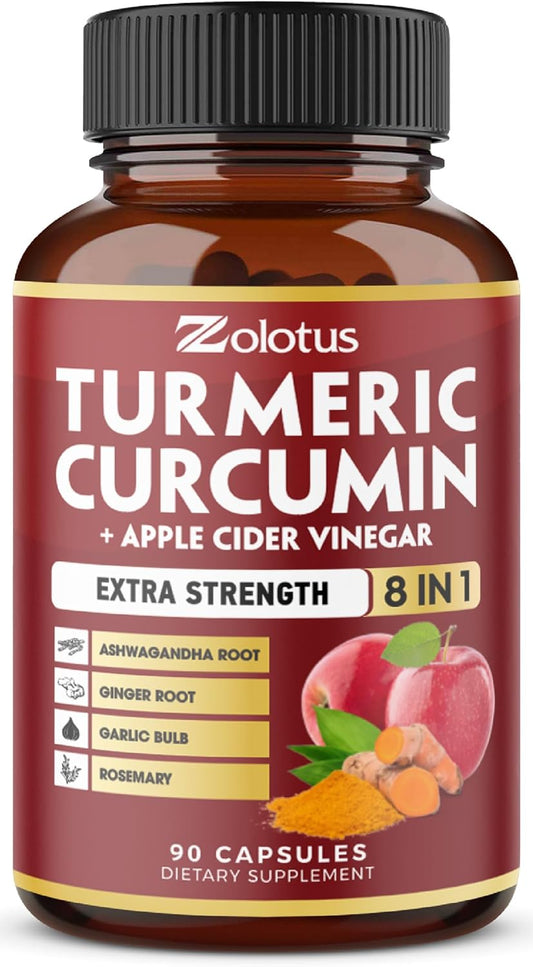 3 Month Supply Zolotus Turmeric Curcumin + Apple Cider Vinegar Capsules with Ashwagandha, Ginger, Garlic Bulb, 95% Standardized Curcuminoids for Joint & Absorption Support