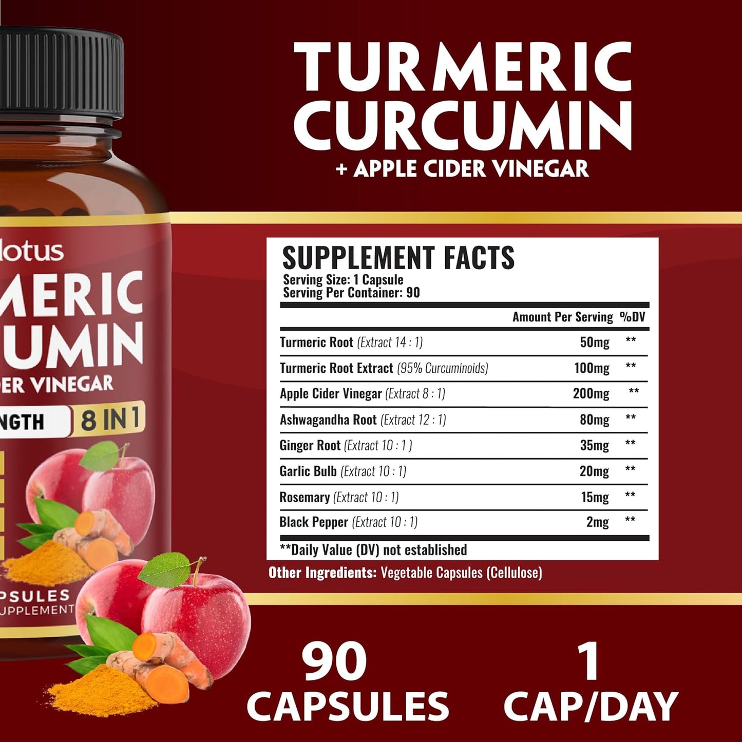 3 Month Supply Zolotus Turmeric Curcumin + Apple Cider Vinegar Capsules with Ashwagandha, Ginger, Garlic Bulb, 95% Standardized Curcuminoids for Joint & Absorption Support