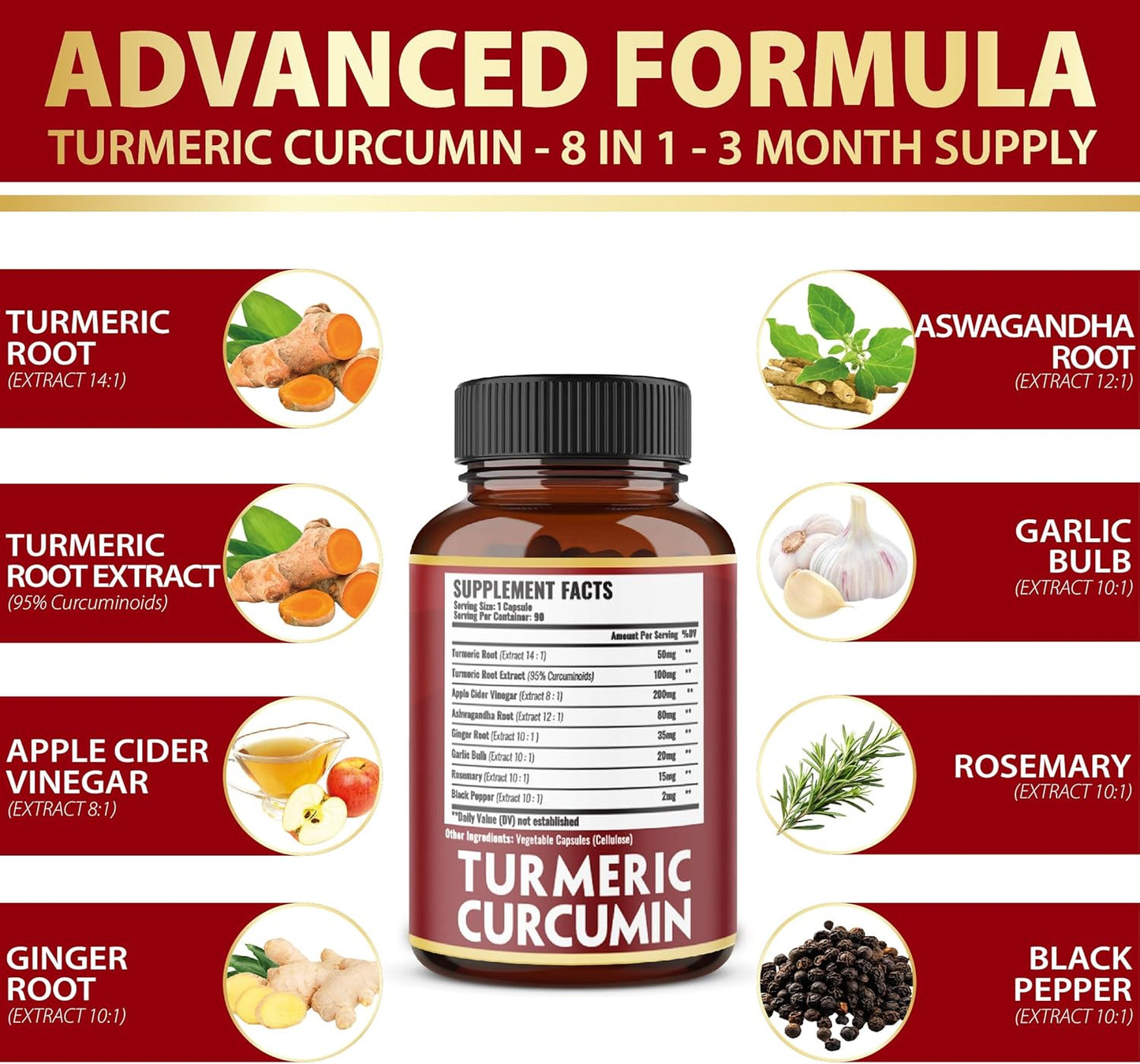 3 Month Supply Zolotus Turmeric Curcumin + Apple Cider Vinegar Capsules with Ashwagandha, Ginger, Garlic Bulb, 95% Standardized Curcuminoids for Joint & Absorption Support