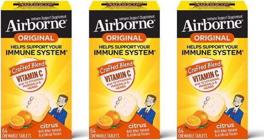 3-Pack Airborne Vitamin C 1000mg Chewable Tablets - Citrus Flavor, Gluten-Free Immune Support Supplement with Vitamins A C E, Zinc, Selenium, Echinacea, Ginger, Antioxidants - 64ct/Box