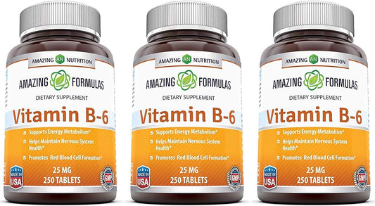 3 Pack Amazing Formulas Vitamin B6 Pyridoxine 25mg 250 Tablets - Non-GMO, Gluten Free, Made in USA - Dietary Supplement
