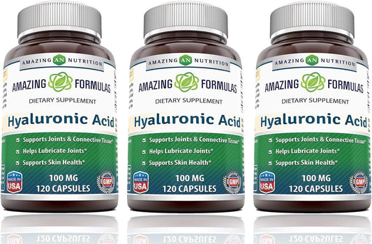 3 Pack Amazing Nutrition Amazing Formulas Hyaluronic Acid 100 mg Capsules Supplement - Non-GMO, Gluten Free, Made in USA - 120 Count