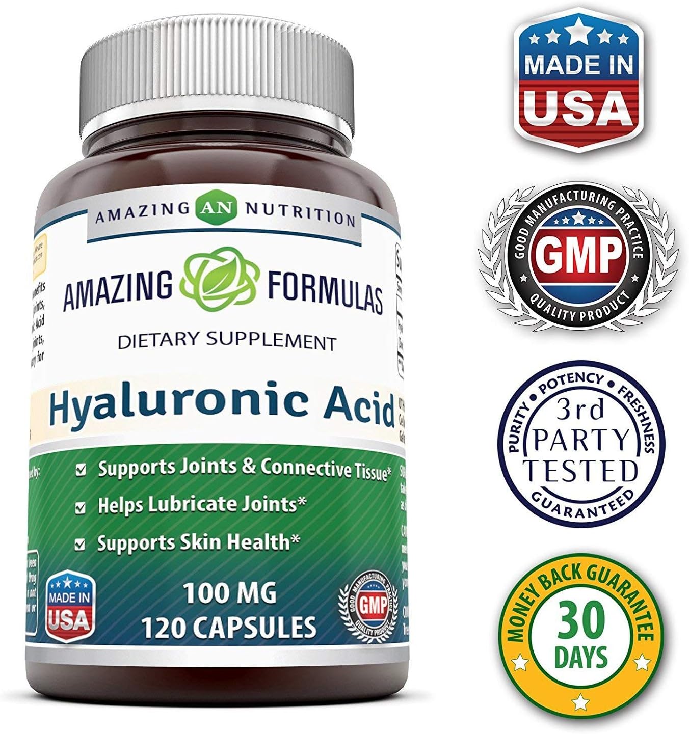 3 Pack Amazing Nutrition Amazing Formulas Hyaluronic Acid 100 mg Capsules Supplement - Non-GMO, Gluten Free, Made in USA - 120 Count