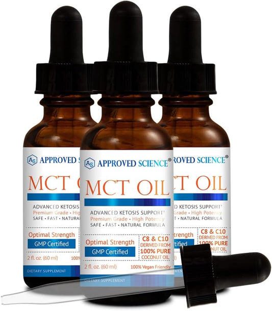 3-Pack Approved Science® MCT Oil - Vegan Medium-Chain Triglyceride Oil with Caprylic Acid (C8) and Capric Acid (C10) - 60 ml Each