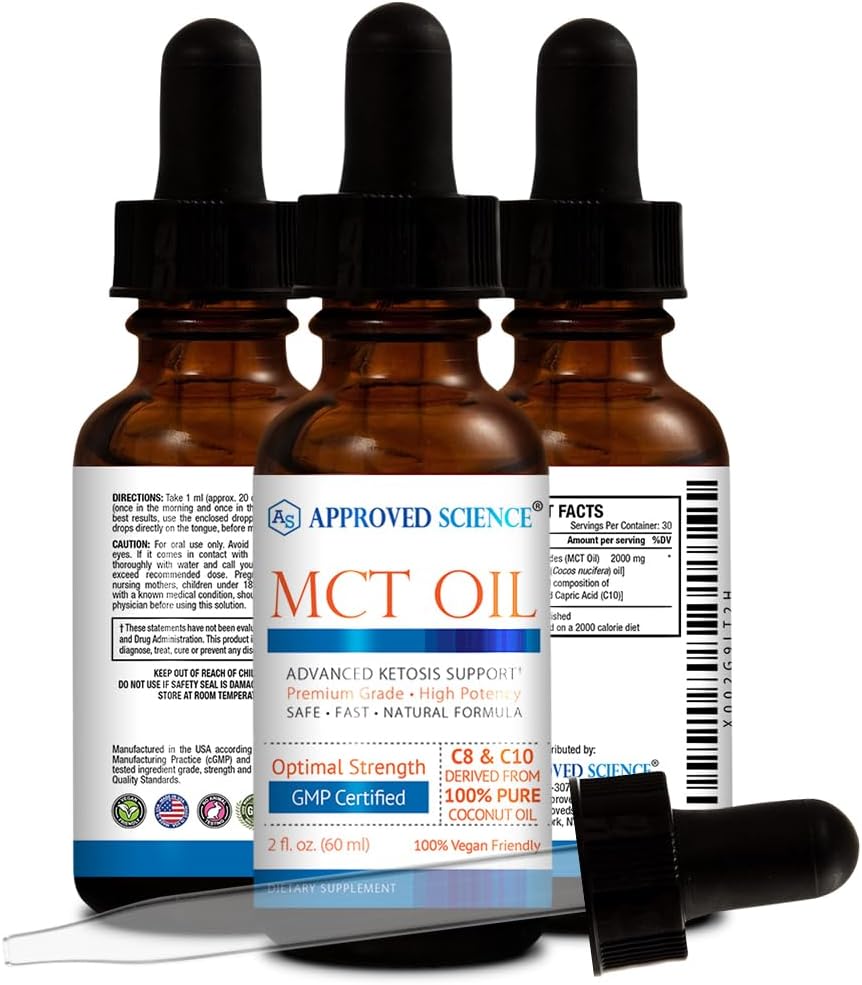 3-Pack Approved Science® MCT Oil - Vegan Medium-Chain Triglyceride Oil with Caprylic Acid (C8) and Capric Acid (C10) - 60 ml Each