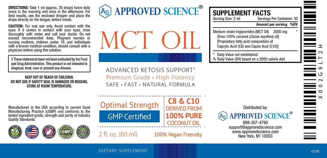 3-Pack Approved Science® MCT Oil - Vegan Medium-Chain Triglyceride Oil with Caprylic Acid (C8) and Capric Acid (C10) - 60 ml Each