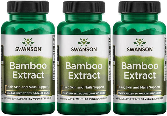 3 Pack Bamboo Extract Supplement for Hair, Skin, Nails - High Silica Content for Collagen & Bone Growth - 60 Veggie Capsules, 300mg