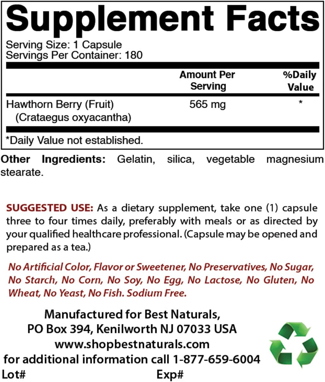 3-Pack Best Naturals Hawthorn Berry 565 mg Capsules - 180 Count per Bottle - Total of 540 Capsules