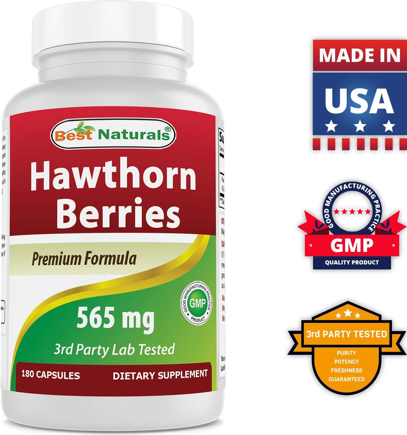 3-Pack Best Naturals Hawthorn Berry 565 mg Capsules - 180 Count per Bottle - Total of 540 Capsules