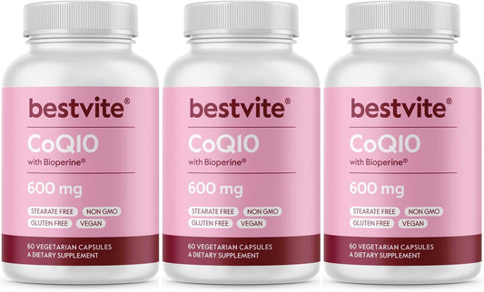 3-Pack BESTVITE Coenzyme CoQ10 600mg Capsules with Bioperine - Naturally Fermented, Vegan, Non GMO, Gluten Free