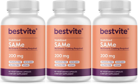 3-Pack Bestvite SAM-e 200mg Stabilized Capsules - Premium Italian Ingredient with 75% (SS) SAM-e