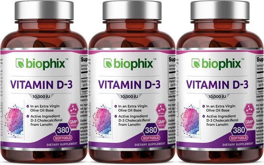 3 Pack Biophix Vitamin D-3 10000 IU Softgels - High-Potency Immune Support for Strong Bones, Non-GMO, Soy-Free