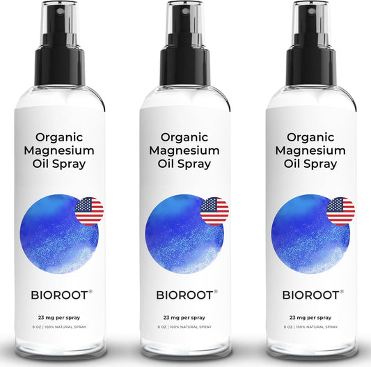 3 Pack BioRoot Organic Magnesium Oil Spray - 8oz, Fast Absorption, Pure, Promotes Sleep & Relaxation, Foot & Body Spray