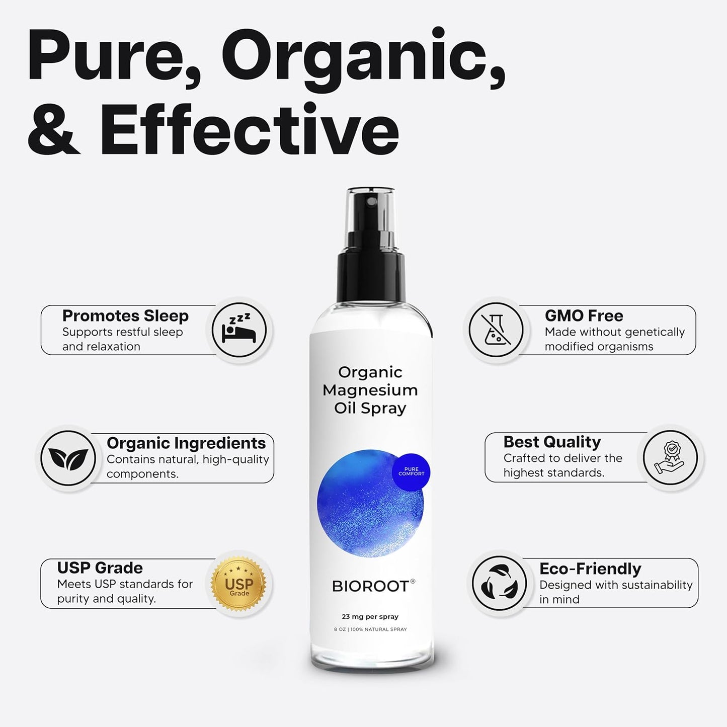 3 Pack BioRoot Organic Magnesium Oil Spray - 8oz, Fast Absorption, Pure, Promotes Sleep & Relaxation, Foot & Body Spray
