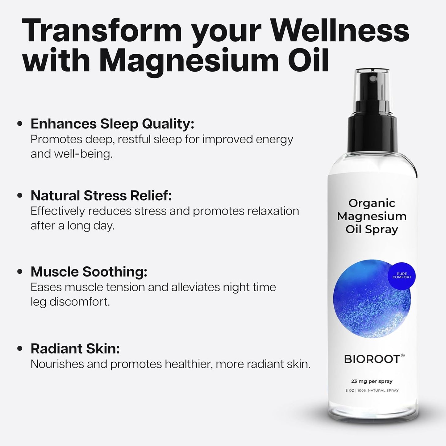 3 Pack BioRoot Organic Magnesium Oil Spray - 8oz, Fast Absorption, Pure, Promotes Sleep & Relaxation, Foot & Body Spray