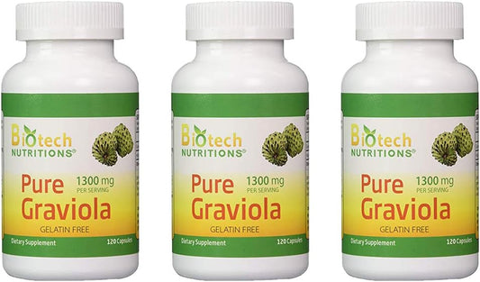 3-Pack Biotech Nutritions Graviola 100% Pure Graviola 1300mg Per Serving Capsules (Annona muricata)