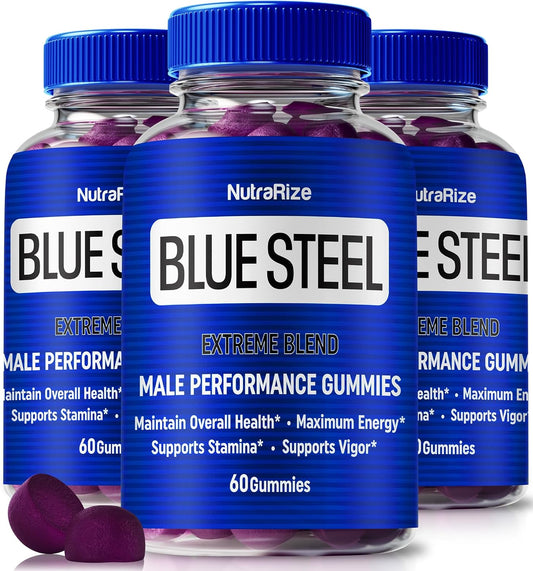 3 Pack Blue Steel Gummies for Men - All Natural Daily Nutrition to Boost Confidence and Overall Health - Male Gummy Supplement for Peak Performance - 180 Gummies