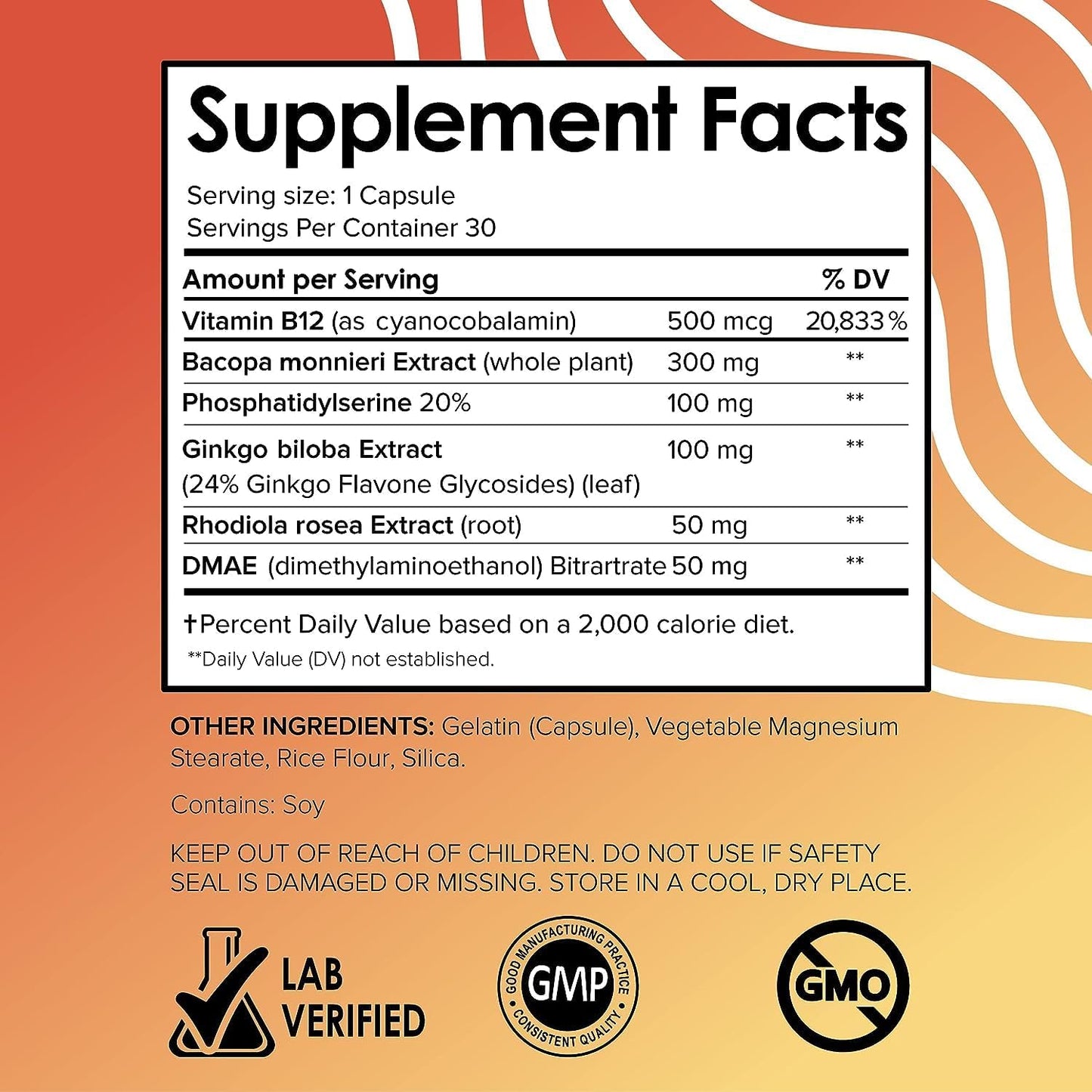 3 Pack Brain Supplements for Memory, Focus, and Energy - Nootropic Brain Support with Vitamin B12, Gingko Biloba, and DMAE
