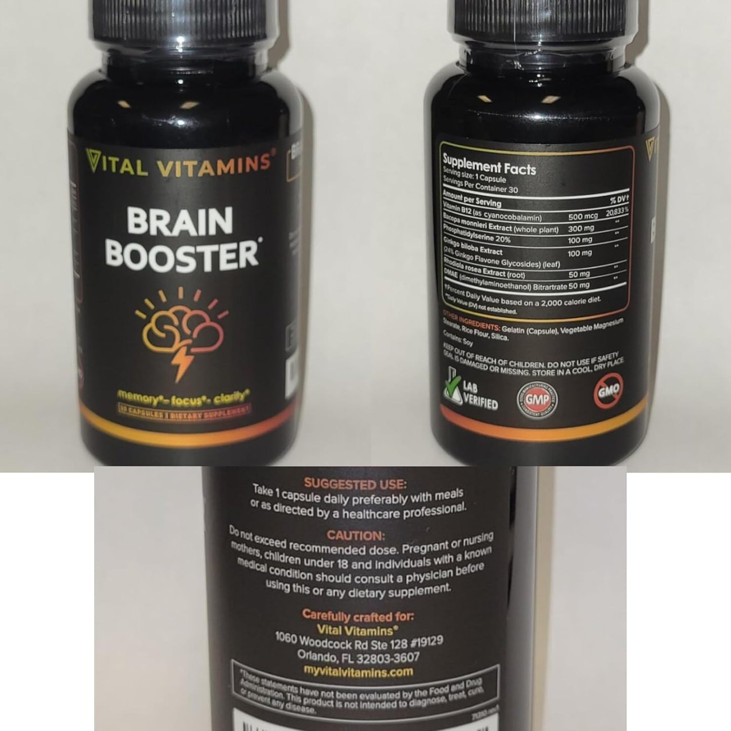 3 Pack Brain Supplements for Memory, Focus, and Energy - Nootropic Brain Support with Vitamin B12, Gingko Biloba, and DMAE