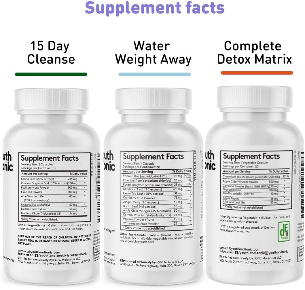 3-Pack Detox Cleanse Kit for Weight Management - Colon Cleanser, Water Loss Pills, Probiotics, Dandelion, ACV - Boost Metabolism, Reduce Bloating - 90 Pills