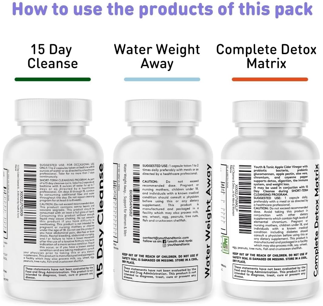 3-Pack Detox Cleanse Kit for Weight Management - Colon Cleanser, Water Loss Pills, Probiotics, Dandelion, ACV - Boost Metabolism, Reduce Bloating - 90 Pills