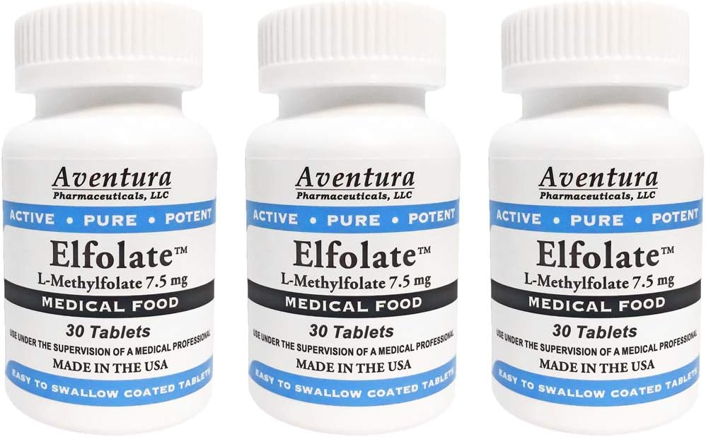 3 Pack ELFOLATE® 7.5mg L-Methylfolate Medical Food Supplement - Pure Potent Professional Strength - 30 Tablets