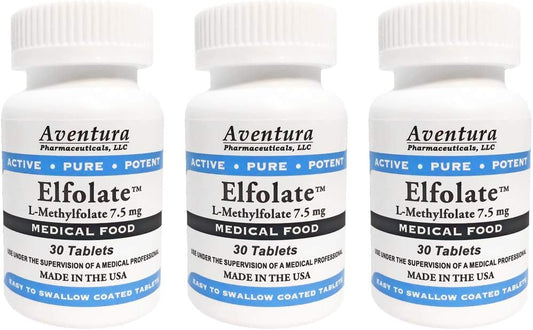 3 Pack ELFOLATE® 7.5mg L-Methylfolate Medical Food Supplement - Pure Potent Professional Strength - 30 Tablets