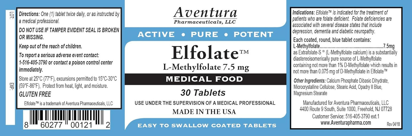 3 Pack ELFOLATE® 7.5mg L-Methylfolate Medical Food Supplement - Pure Potent Professional Strength - 30 Tablets