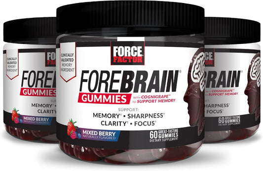 3-Pack FORCE FACTOR Forebrain Gummies: Nootropic Brain Support Supplement with COGNIGRAPE & Huperzine A for Memory, Focus, Recall & Sharpness