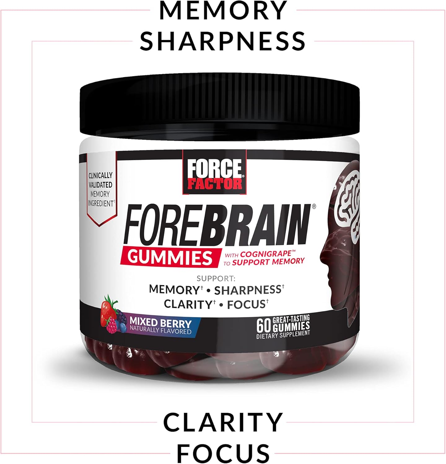 3-Pack FORCE FACTOR Forebrain Gummies: Nootropic Brain Support Supplement with COGNIGRAPE & Huperzine A for Memory, Focus, Recall & Sharpness