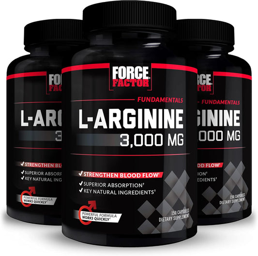 3-Pack Force Factor L-Arginine Nitric Oxide Supplement with BioPerine - Build Muscle, Support Blood Flow, Circulation, Nutrient Delivery, & Pumps - 3000mg, 450 Capsules