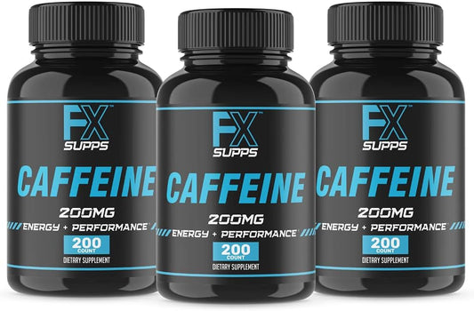3-Pack FXSUPPS Caffeine 200mg Pills - Fast Acting Energy Supplement for Men and Women - Enhances Focus, Memory, & Metabolism Boost