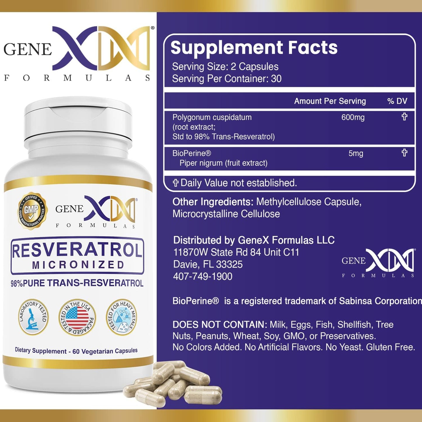 3 Pack Genex Formulas 98% Pure Trans-Resveratrol Capsules with BioPerine® - 600mg Micronized, Lab-Tested for Healthy Aging