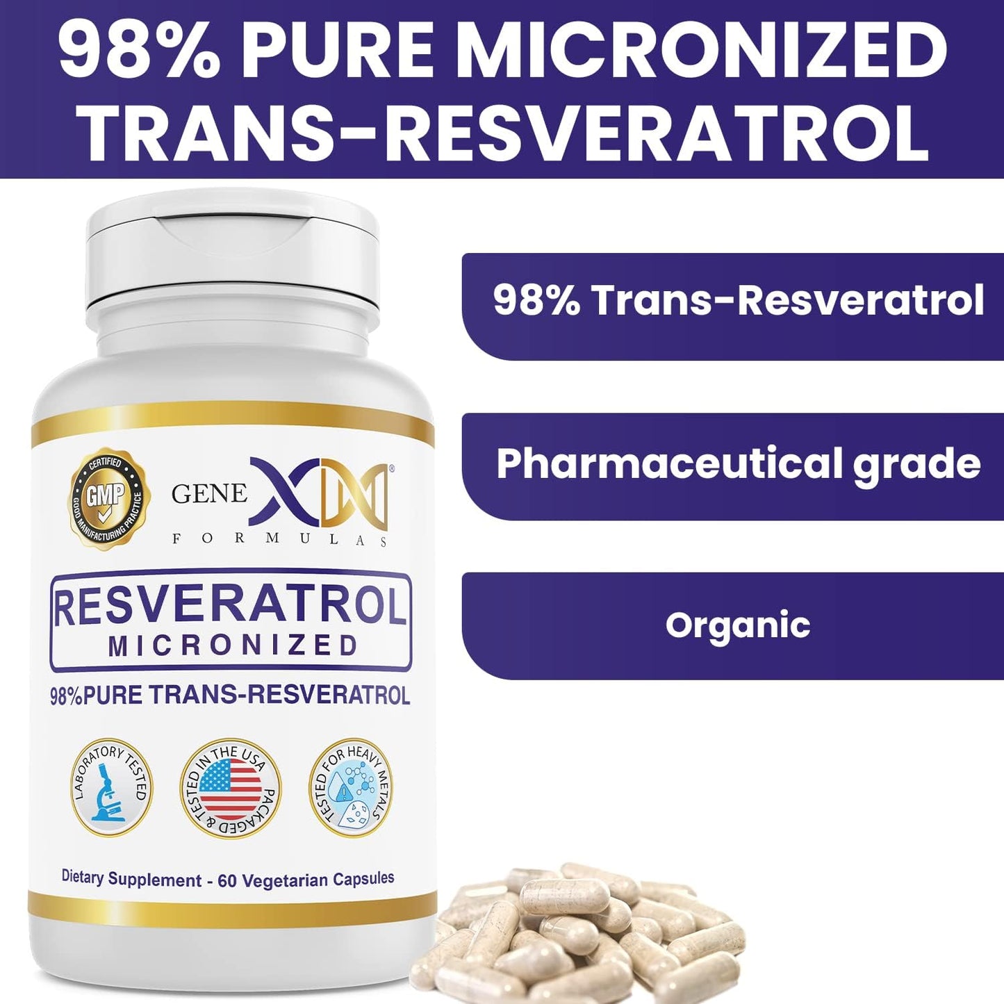 3 Pack Genex Formulas 98% Pure Trans-Resveratrol Capsules with BioPerine® - 600mg Micronized, Lab-Tested for Healthy Aging