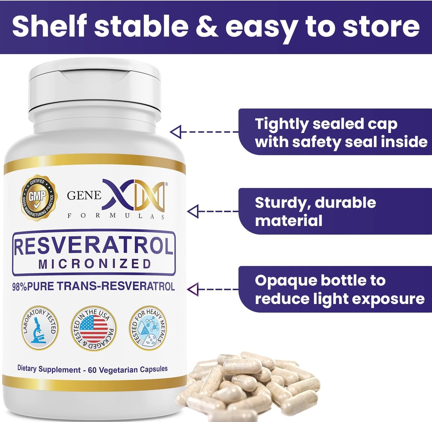 3 Pack Genex Formulas 98% Pure Trans-Resveratrol Capsules with BioPerine® - 600mg Micronized, Lab-Tested for Healthy Aging