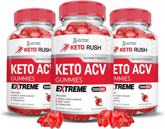 3 Pack Keto Rush Keto ACV Gummies - Extreme 2000MG Apple Cider Vinegar with Pomegranate & Beet Juice - B12 Vegan Non GMO - 180 Gummys
