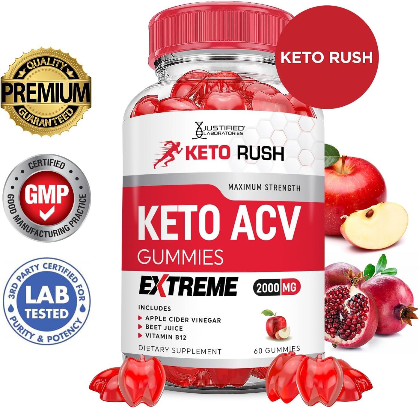 3 Pack Keto Rush Keto ACV Gummies - Extreme 2000MG Apple Cider Vinegar with Pomegranate & Beet Juice - B12 Vegan Non GMO - 180 Gummys