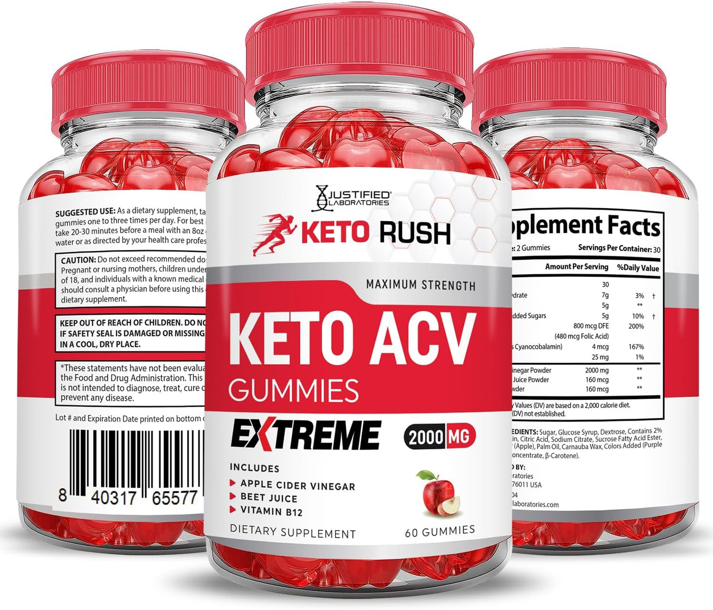 3 Pack Keto Rush Keto ACV Gummies - Extreme 2000MG Apple Cider Vinegar with Pomegranate & Beet Juice - B12 Vegan Non GMO - 180 Gummys