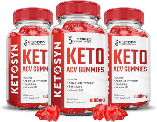 3 Pack Ketosyn Keto ACV Gummies with Pomegranate Beet Juice - 1000MG Advanced Formula - Vegan & Non GMO - 180 Gummies