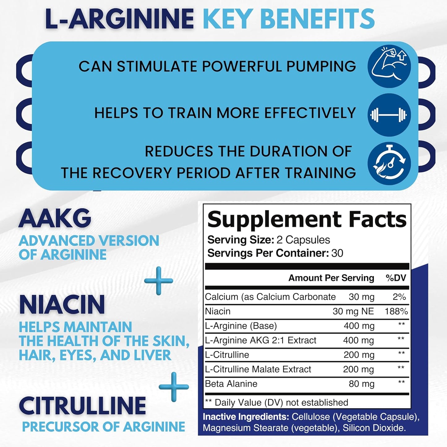 3-Pack L-Arginine Plus Supplement with Calcium, Niacin, L-Citrulline, and Beta Alanine - 180 Capsules